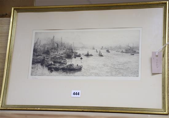 William Lionel Wyllie (1851-1931), etching, Shipping on the Thames, signed in pencil 16 x 37cm